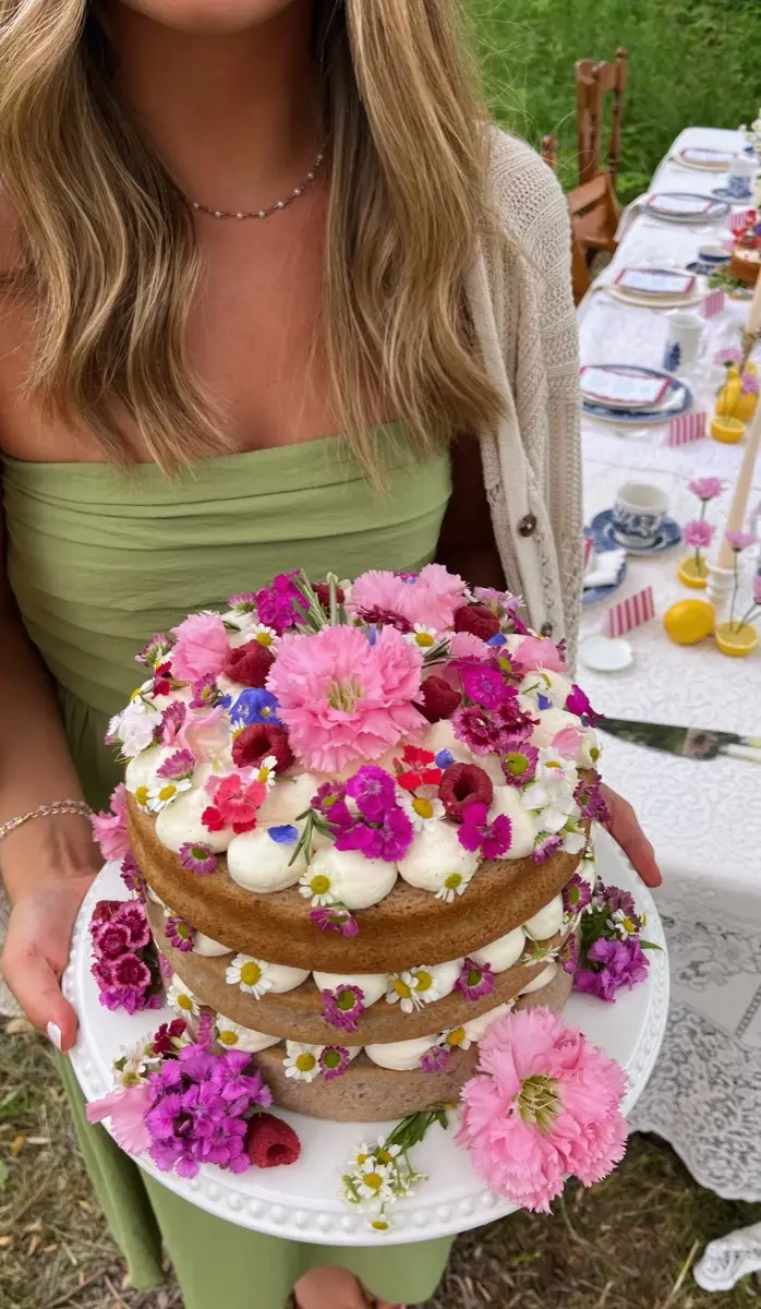 A flower-covered Birdie’s cake held at an outdoor gathering